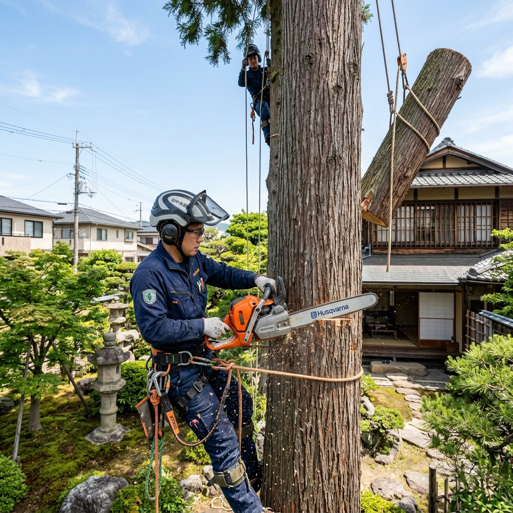 日本の大木伐採・根の除去作業風景